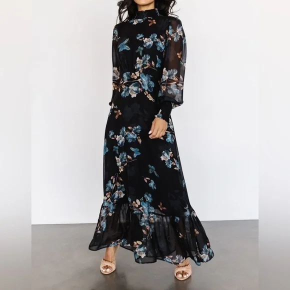 Baltic Born Luciana Floral High Neck Long Sleeve Maxi Dress Black Blue Sz Large - Picture 4 of 15